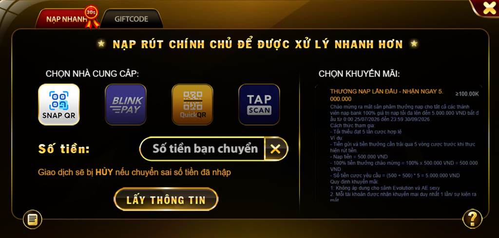 Màn hình chọn nhà cung cấp, số tiền và khuyến mãi khi nạp