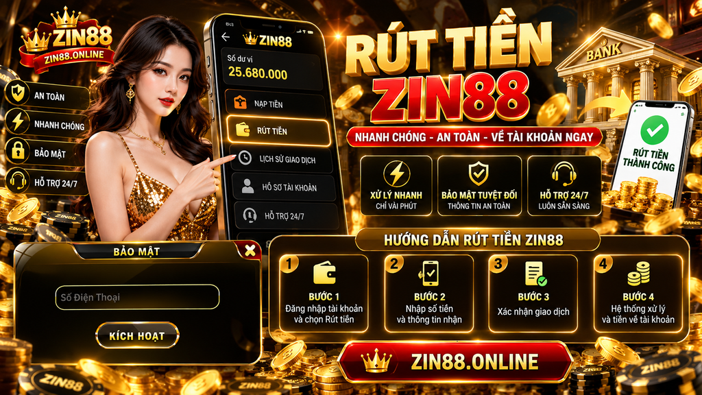 Minh họa các bước rút tiền Zin88 trên thiết bị di động