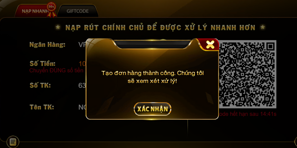 Thông báo tạo đơn thành công trên giao diện nạp tiền