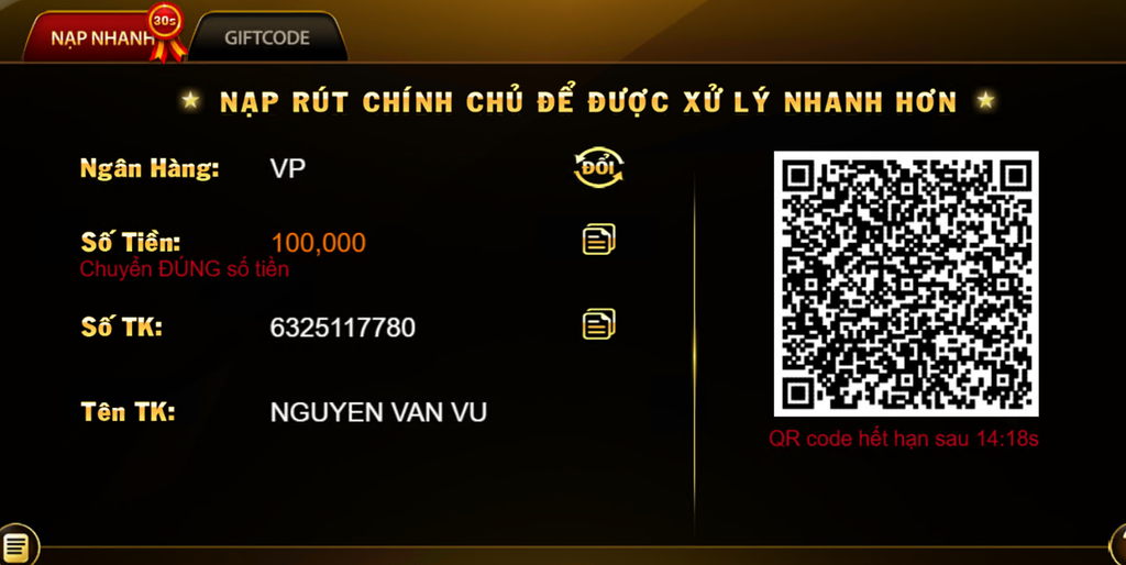 Ví dụ màn hình tạo mã QR cho một phiên nạp tiền Zin88